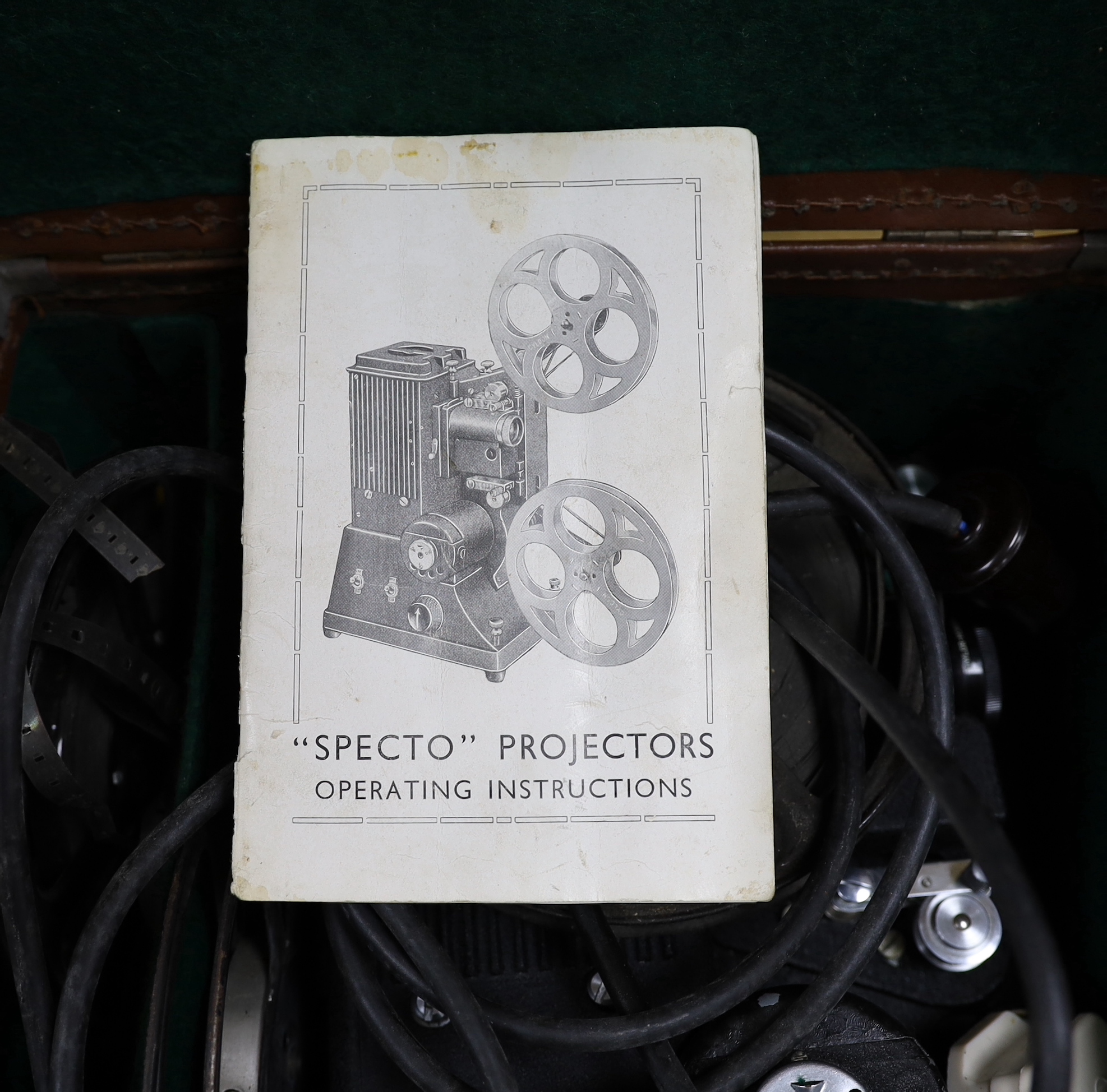 A Specto 9.5mm cine film projector in a leather case, case 32cm x 38cm x 18cm